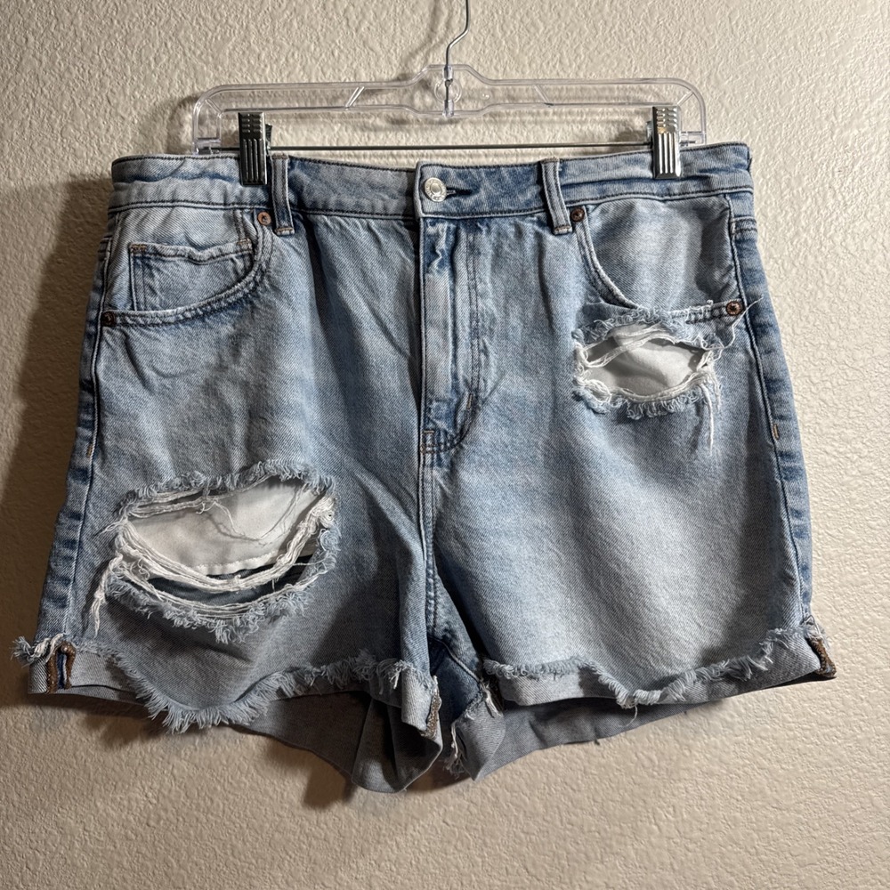 American Eagle Womens Denim Jean Shorts 14 Mom Short High Rise Destroyed Grunge